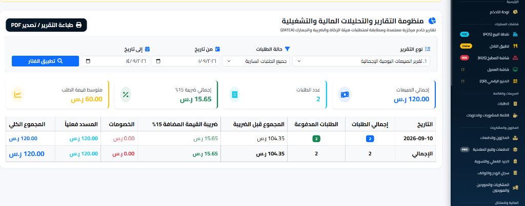شاشة التقارير والتحليلات المالية والضريبية
